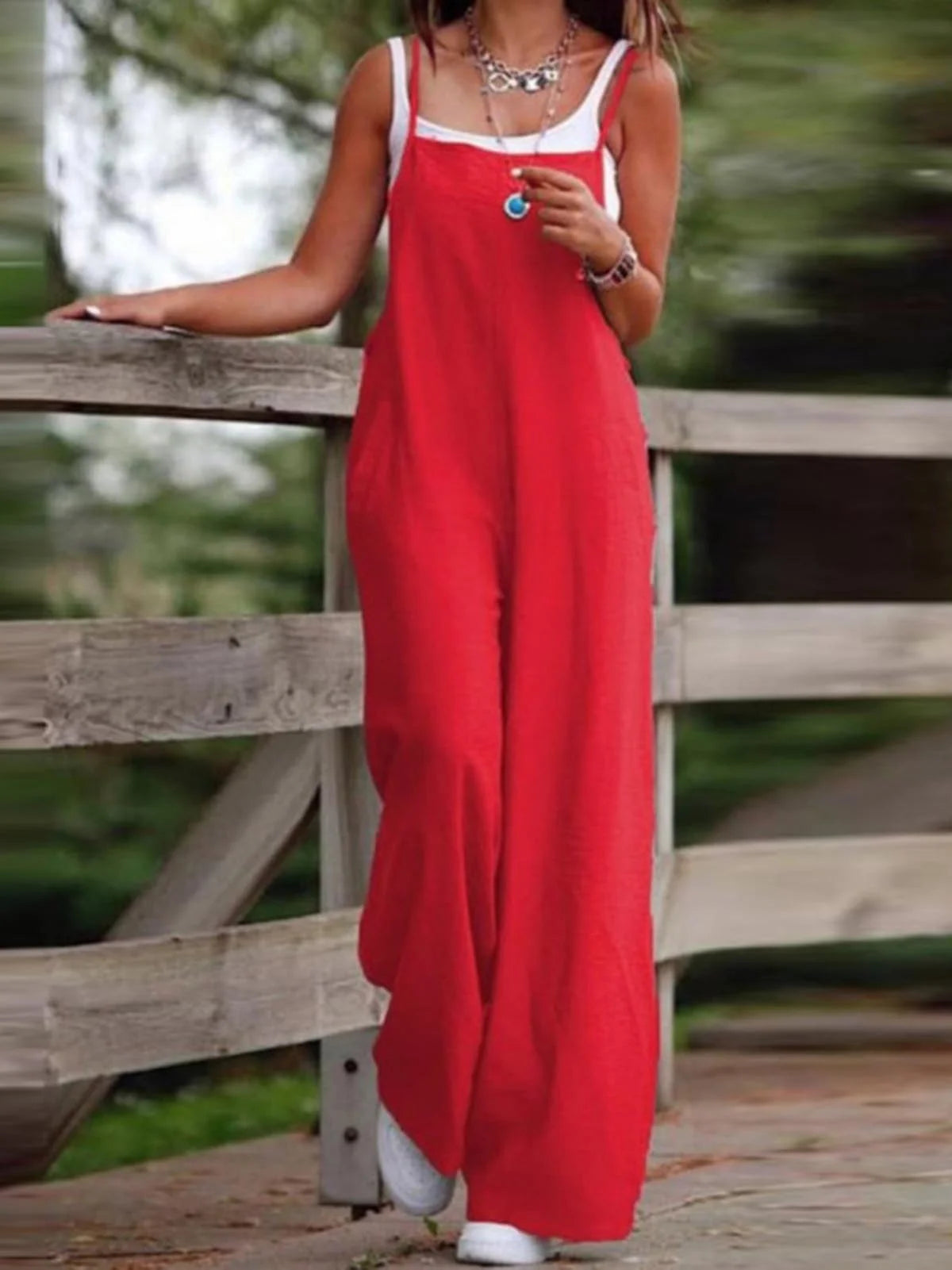 Summer Women Jumpsuit Backless Sleeveless Spaghetti Strap Wide Leg Lady Jumpsuit Deep Crotch Pockets Full Length Female Jumpsuit