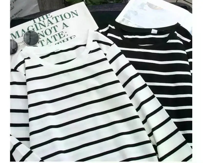 Women Loose Round Collar Autumn Stripes Print Loose Long Sleeve Casual Simple Wild T-Shirt