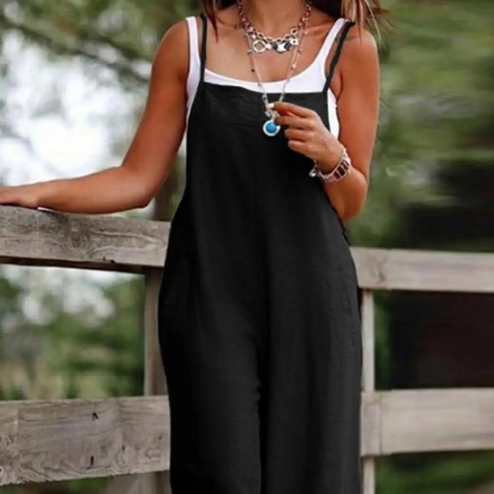 Summer Women Jumpsuit Backless Sleeveless Spaghetti Strap Wide Leg Lady Jumpsuit Deep Crotch Pockets Full Length Female Jumpsuit