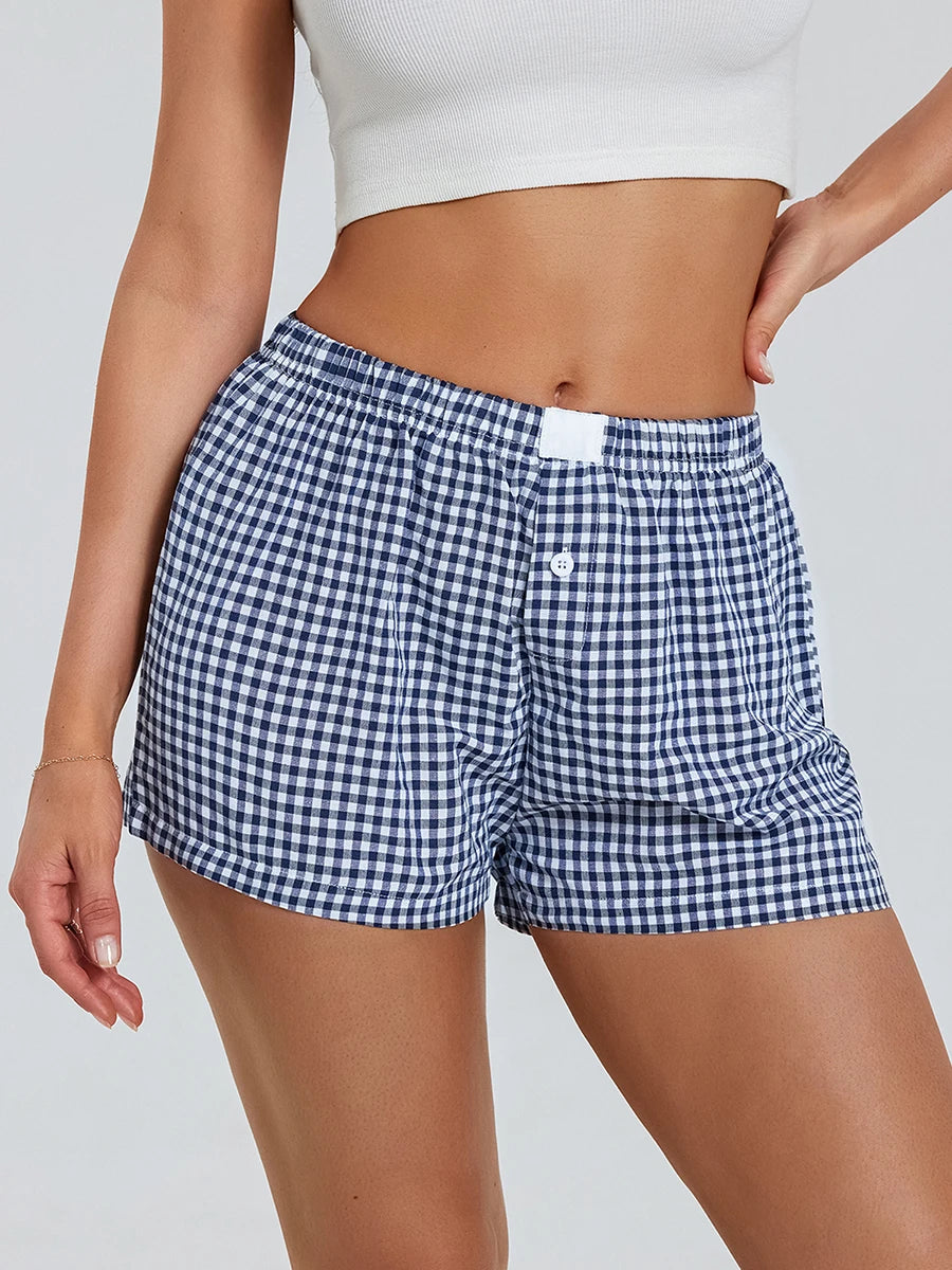 Women s Y2K Summer Lounge Shorts Checkered Printed Sports Shorts with Button Elastic Pajamas Short for Women