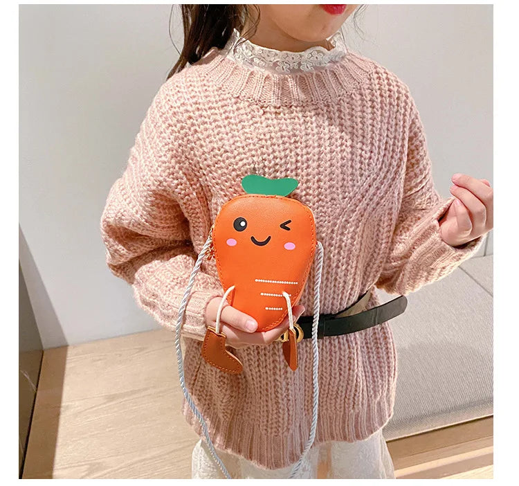 New Mini Cartoon Carrot PU Leather Children's Small Crossbody Bag Cute Kids One Shoulder Bag Boy Girl Sweet Messenger Bag Purse
