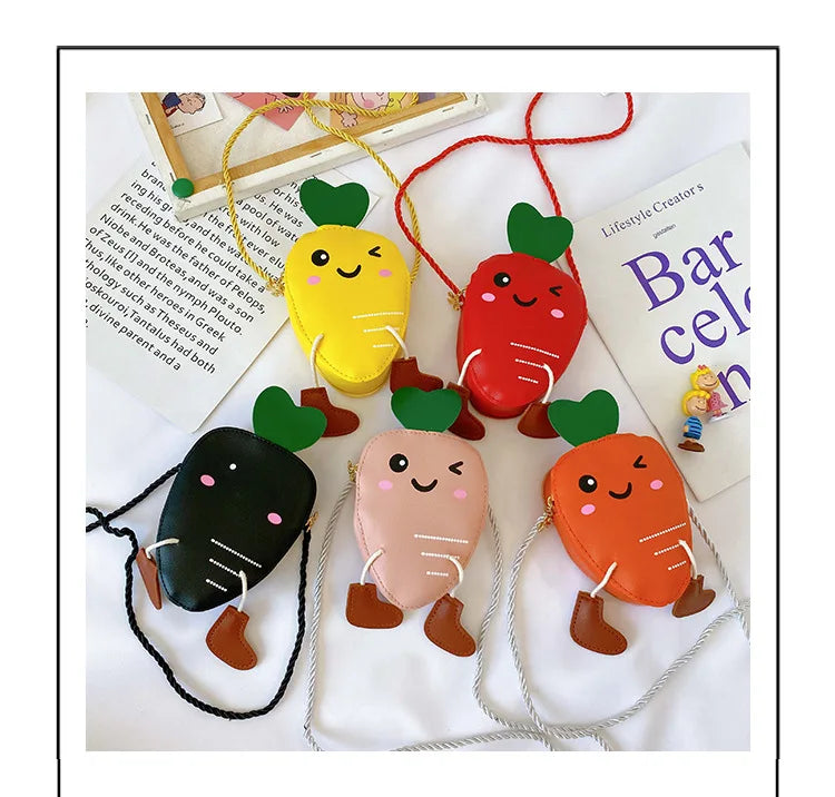 New Mini Cartoon Carrot PU Leather Children's Small Crossbody Bag Cute Kids One Shoulder Bag Boy Girl Sweet Messenger Bag Purse