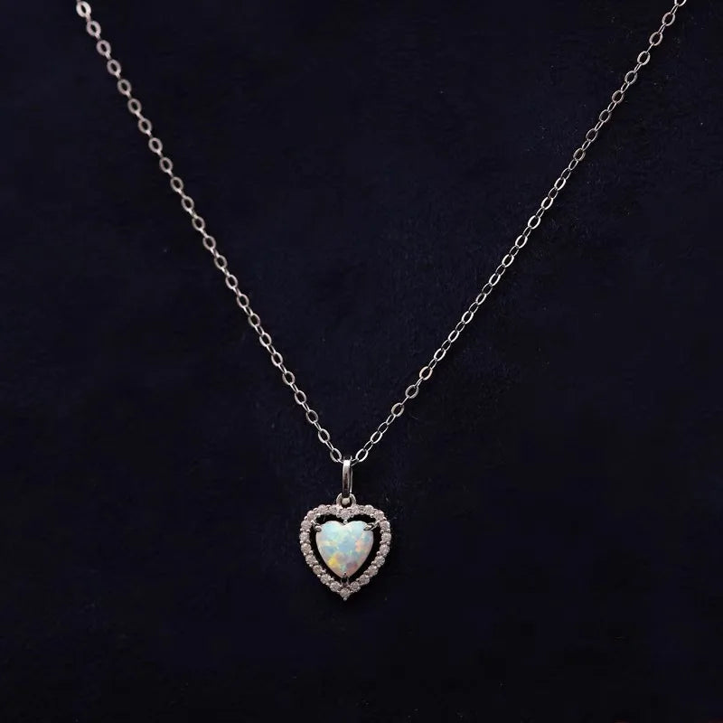 925 Silver Opal Heart shaped Necklace fashion For Match Clavicle Chain Necklace