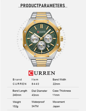 CURREN Fashion Casual Stainless Steel Band Quartz Wristwatches with Chronograph Waterproof Men's Watches