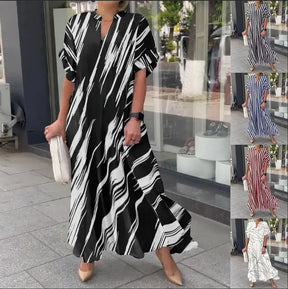 Summer Women's Striped Dress Shirt Black V-neck Loose Fashion Street Vacation Red Long Skirt