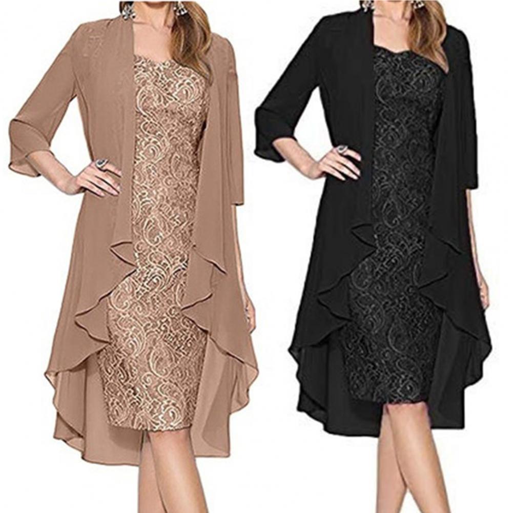 Formal Dress Set Women Outfit Elegant Flower Pattern Lace Vintage Two Pieces Set Women Knitted Cardigan Dress Banquet