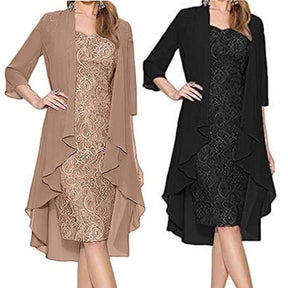 Formal Dress Set Women Outfit Elegant Flower Pattern Lace Vintage Two Pieces Set Women Knitted Cardigan Dress Banquet