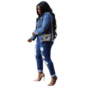 Women New Slim Double-Breasted Button Denim Jacket Coat Slim Long Sleeve Autumn Ripped Fashion Jacket Blazer