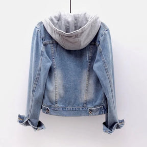 Denim Coat Women Hooded Full Sleeve Regular Splice Short Coats Slim Fit Solid Office Ladies Casual Jackets Outerwear 2024