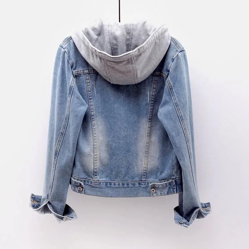 Denim Coat Women Hooded Full Sleeve Regular Splice Short Coats Slim Fit Solid Office Ladies Casual Jackets Outerwear 2024
