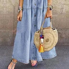 Retro Women Dresses 2022 Short Sleeve Turn Down Collar Pockets Button Long Loose Denim Dress Summer Long Dress