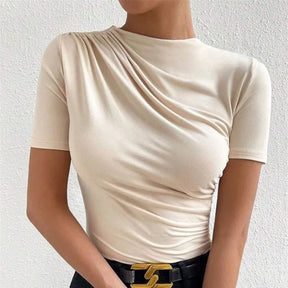 Luxury Europe and the United States spring and summer new slim-fit draw pleated short-sleeved onesie women's T-shirt