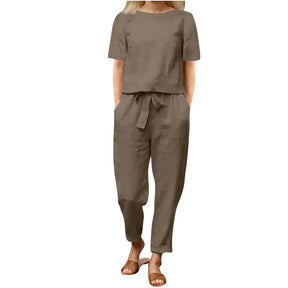 Women's Pullover Shirt And Pants Two-piece Set 2024 Women's Cotton And Linen Summer Suit Short Sleeved O-neck Outfit Pants