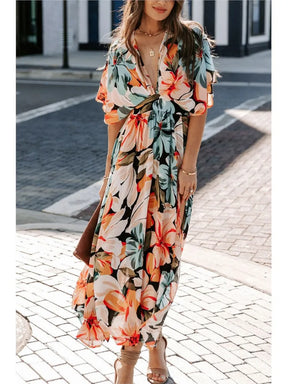 Casual Print Women Dress Summer Fahsion V Neck Short Sleeve Office Elegant Maxi Dresses Female Holiday Beach Party Dress New