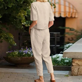 Women's Pullover Shirt And Pants Two-piece Set 2024 Women's Cotton And Linen Summer Suit Short Sleeved O-neck Outfit Pants