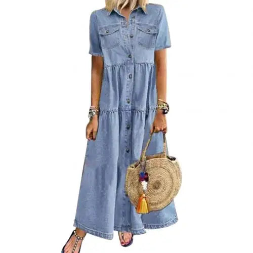 Retro Women Dresses 2022 Short Sleeve Turn Down Collar Pockets Button Long Loose Denim Dress Summer Long Dress
