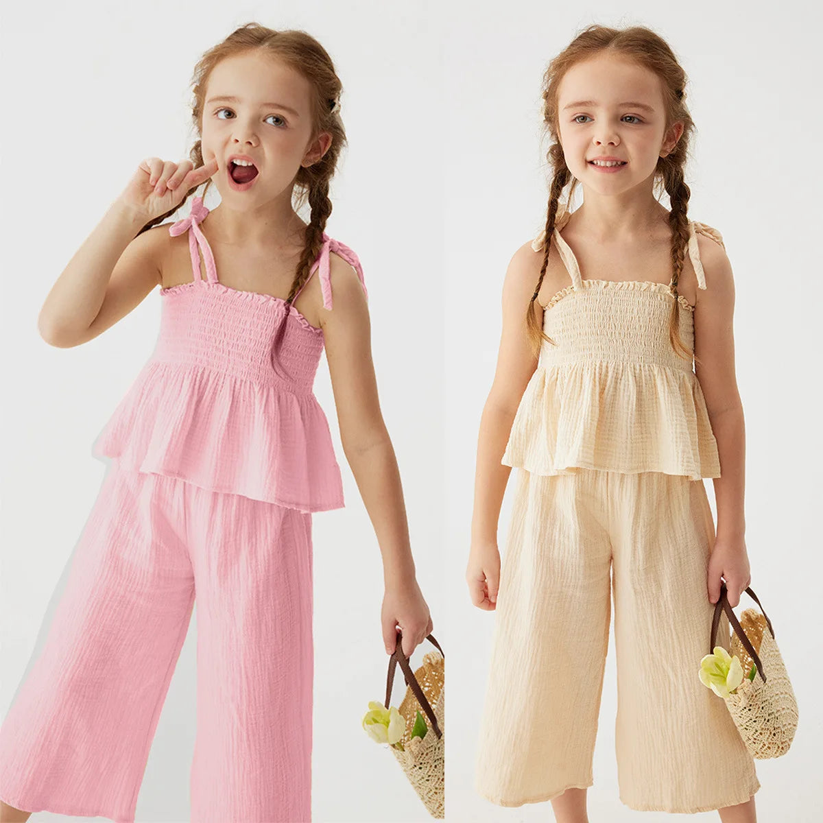 2025 Summer Baby Girl Sets  Fashionable Casual Camisole Shirt and Loose Pants for Kids Girls