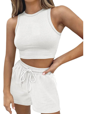 2024 Summer New Sleeveless Waffle Elegant Women's Sets Solid Color Sexy Waist Vest Casual Tethered Shorts Female's Two-Piece Set