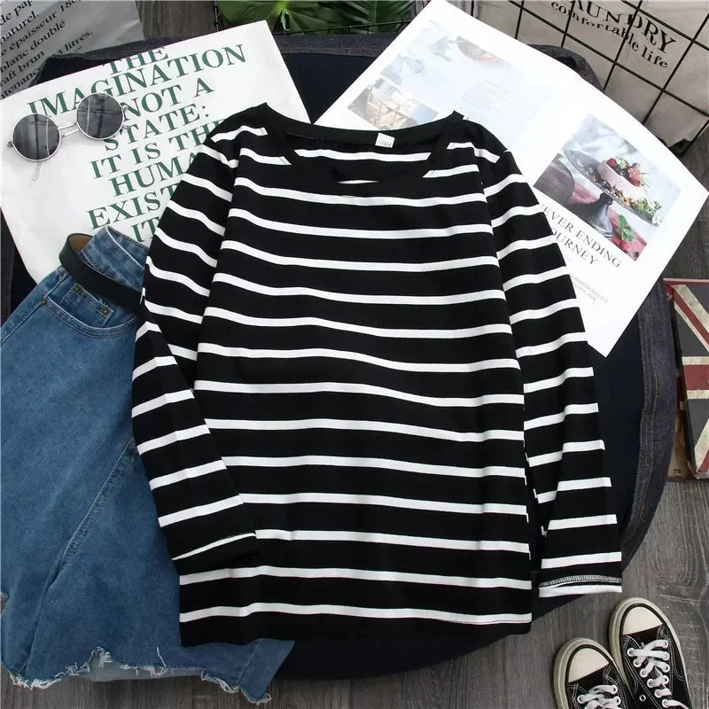 Women Loose Round Collar Autumn Stripes Print Loose Long Sleeve Casual Simple Wild T-Shirt