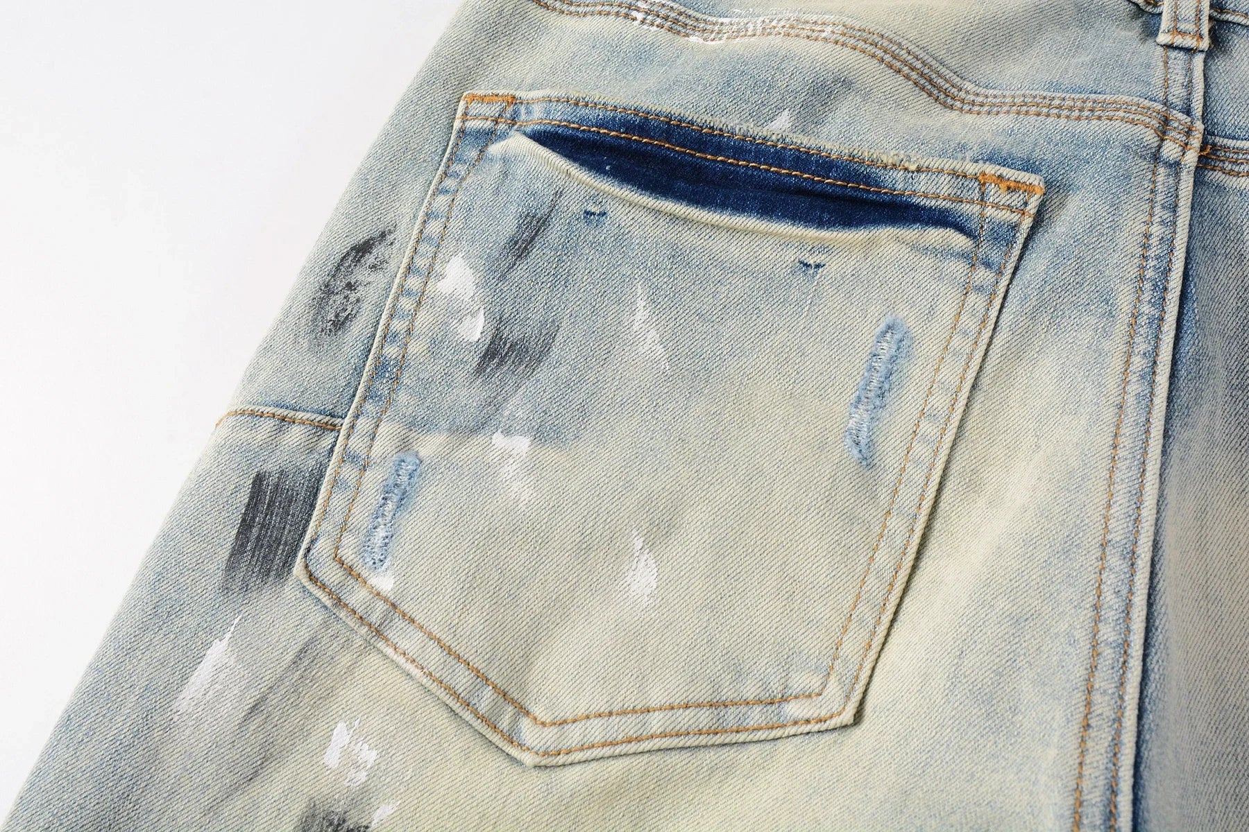 Purple jeans Men Fashion American high street brand Vintage wash blue paint distressed hole Repair Low Rise Skinny Denim pant