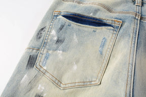 Purple jeans Men Fashion American high street brand Vintage wash blue paint distressed hole Repair Low Rise Skinny Denim pant