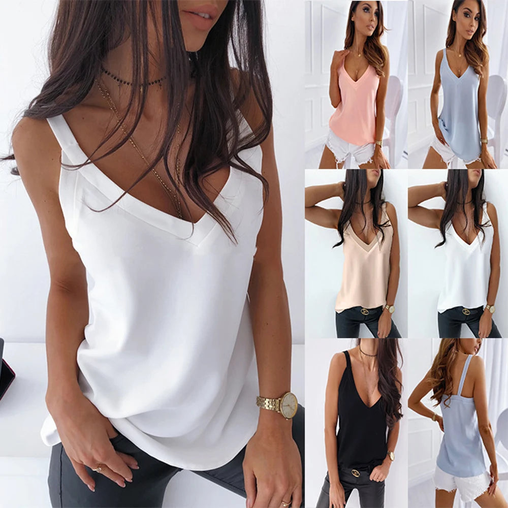 Women V Neck Sleeveless Slim Loose Vests Summer Female Solid Color Beach Tank Tops HY-W190683