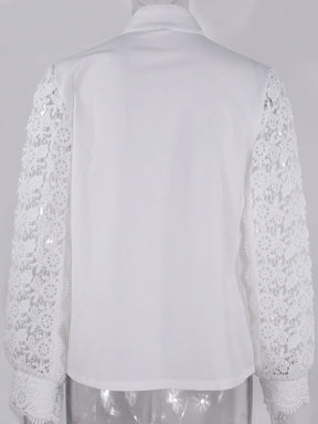 Shirts Elegant Office Ladies White Collared Lace Patchwork Hollow Out Button Up Womens Tops And Blouses 2025 Fashion New Blouse