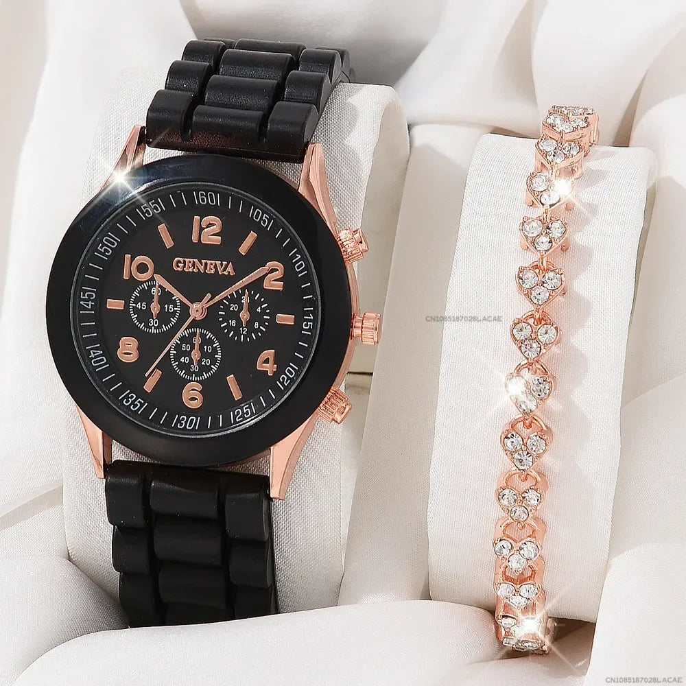 6PCS/Set Women's Watches Casual Silicone Band Analog Quartz Watch Heart Pearls Jewelry Set(Without Box)