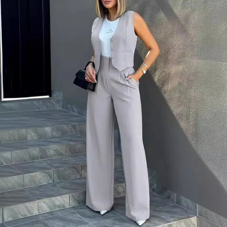 Women OL Blazer Pant Sets 2 Pieces Casual Slim Notched Cardigan Blazer Waistcoat&High Elastic Pocket Wide Leg Trousers Suits