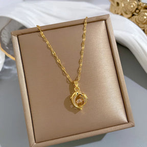 Beating Zircon Double Dolphin Couple Pendant Necklace for Women Creative Heart Shaped Animal Jewelry Accessories Gift for Loved