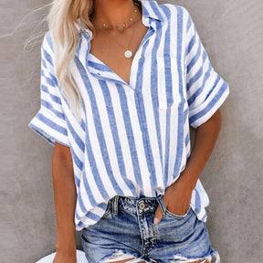 Women Striped Print Cotton Linen Tops Summer Turn Down Collar Long Sleeve Button OL Blouse Shirts 2023 Summer Button Cardigan