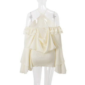 Fashion Ruffles Hem Solid Mini Dress Women Elegant O-neck Lantern Sleeve Short Dresses 2025 New High Street Vocation Vestidos