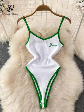 SINGREINY Summer Camis Open crotch Playsuits Sleevless Contrasting Slim Bodysuits 2024 Female Streetwear Sheath Vintage Rompers