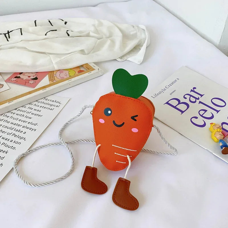New Mini Cartoon Carrot PU Leather Children's Small Crossbody Bag Cute Kids One Shoulder Bag Boy Girl Sweet Messenger Bag Purse