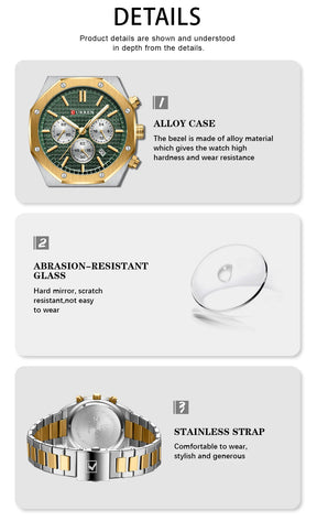 CURREN Fashion Casual Stainless Steel Band Quartz Wristwatches with Chronograph Waterproof Men's Watches