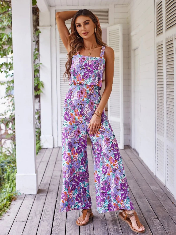 Elegant Long Jumpsuit Women Sexy Backless Wide Leg Jumpsuits Casual Sleeveless Floral Rompers Summer Clothes For Woman 2025 New
