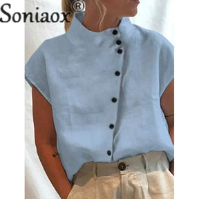 Elegant Cotton Linen Stand Neck Shirt Female 2023 Summer Simple Style Single-breasted Cardigan Tops Women's Casual Loose Blouse