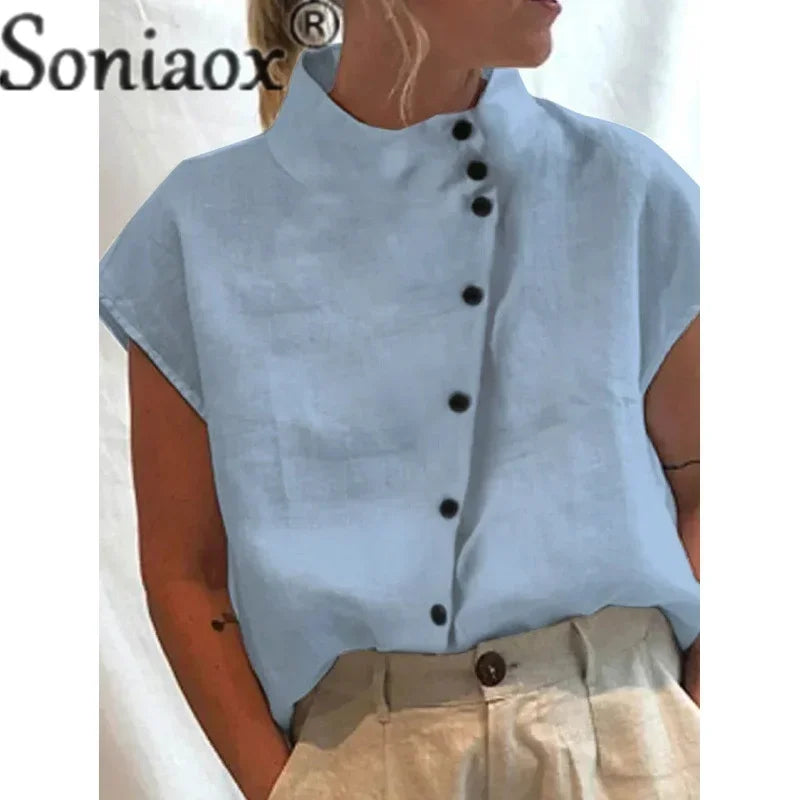 Elegant Cotton Linen Stand Neck Shirt Female 2023 Summer Simple Style Single-breasted Cardigan Tops Women's Casual Loose Blouse