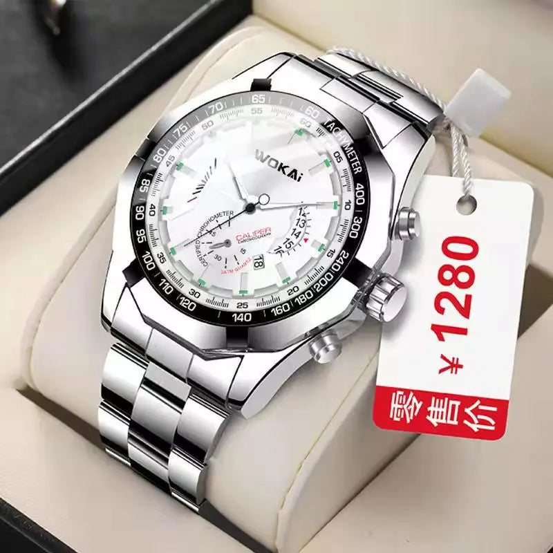 WOKAI high quality large dial men's European style waterproof luminous personality calendar watch boy business clock retro