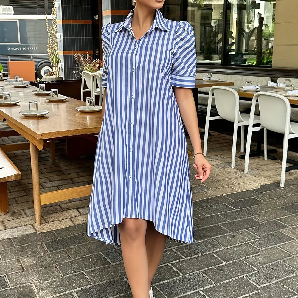 Women's Dress Summer Short Sleeve Button Down Lapel Top Short Pocket Striped Print Fashion Loose Shirt Coat Party Evening Dress