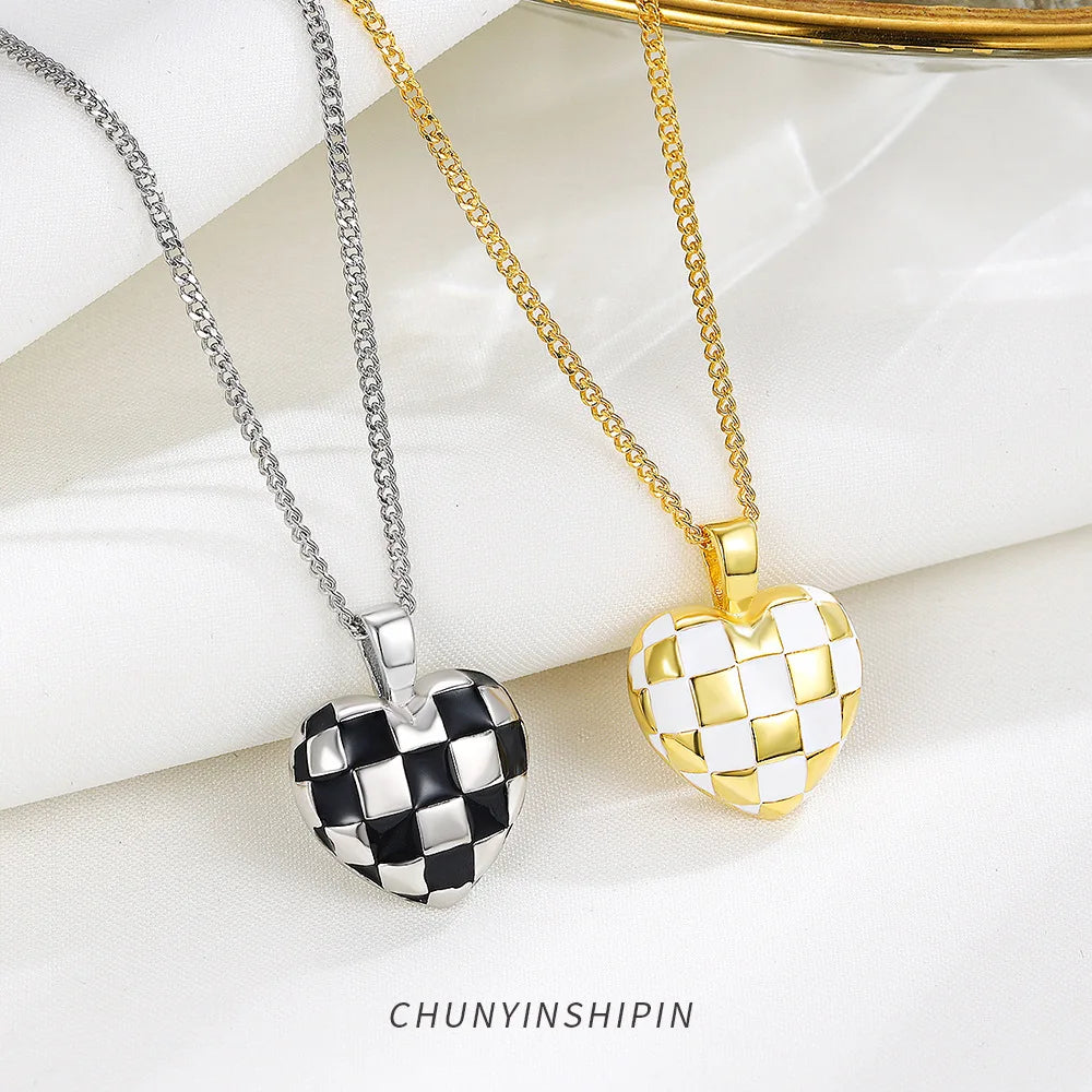 Classic S925 Sterling Silver Black and White Checkered Love Heart Necklace-Unique Nordic Style Jewelry