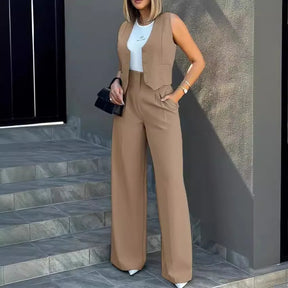 Women OL Blazer Pant Sets 2 Pieces Casual Slim Notched Cardigan Blazer Waistcoat&High Elastic Pocket Wide Leg Trousers Suits