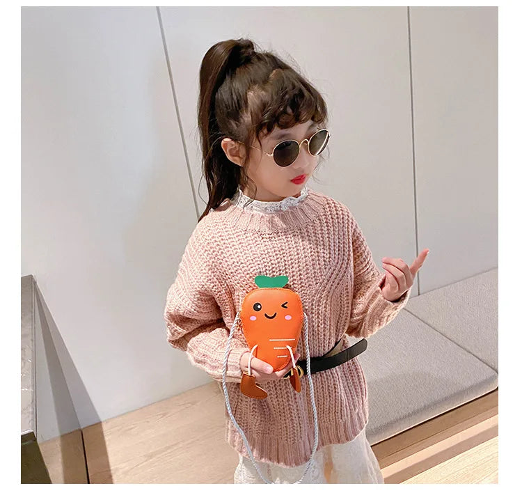 New Mini Cartoon Carrot PU Leather Children's Small Crossbody Bag Cute Kids One Shoulder Bag Boy Girl Sweet Messenger Bag Purse