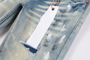Purple jeans Men Fashion American high street brand Vintage wash blue paint distressed hole Repair Low Rise Skinny Denim pant