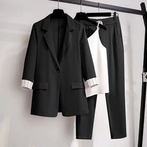 2025 spring new plus size Korean elegant women's suit female blazer leisure pants Tweed suit jacket three piece jacket pants set