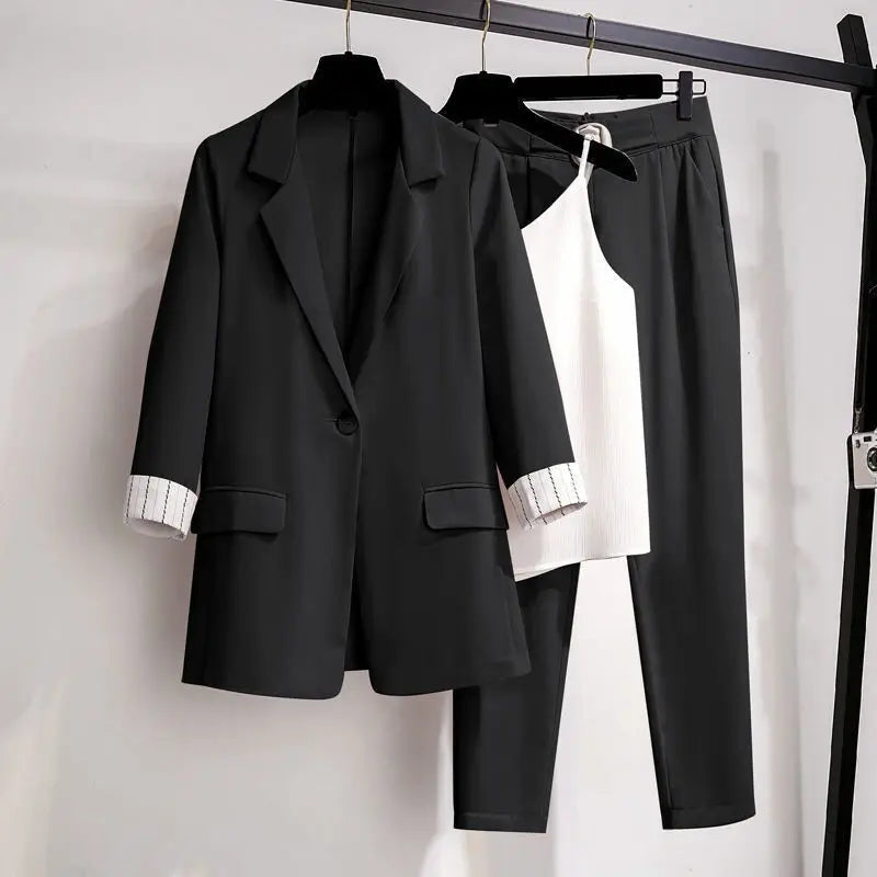 2025 spring new plus size Korean elegant women's suit female blazer leisure pants Tweed suit jacket three piece jacket pants set