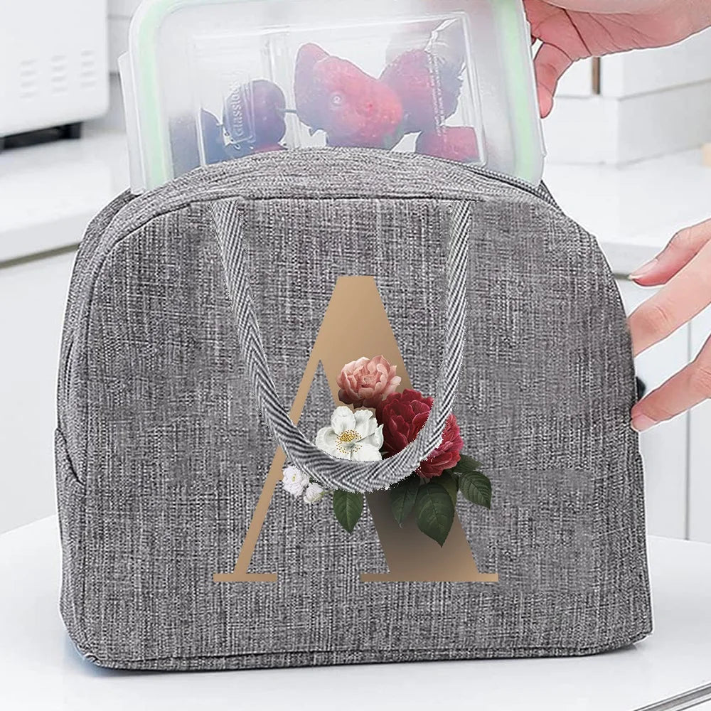 Thermal Food Picnic Lunch Box Insulated School Child Tote Lunch Bags for Work Cute Gold Letter Pattern Cooler Bag for Women