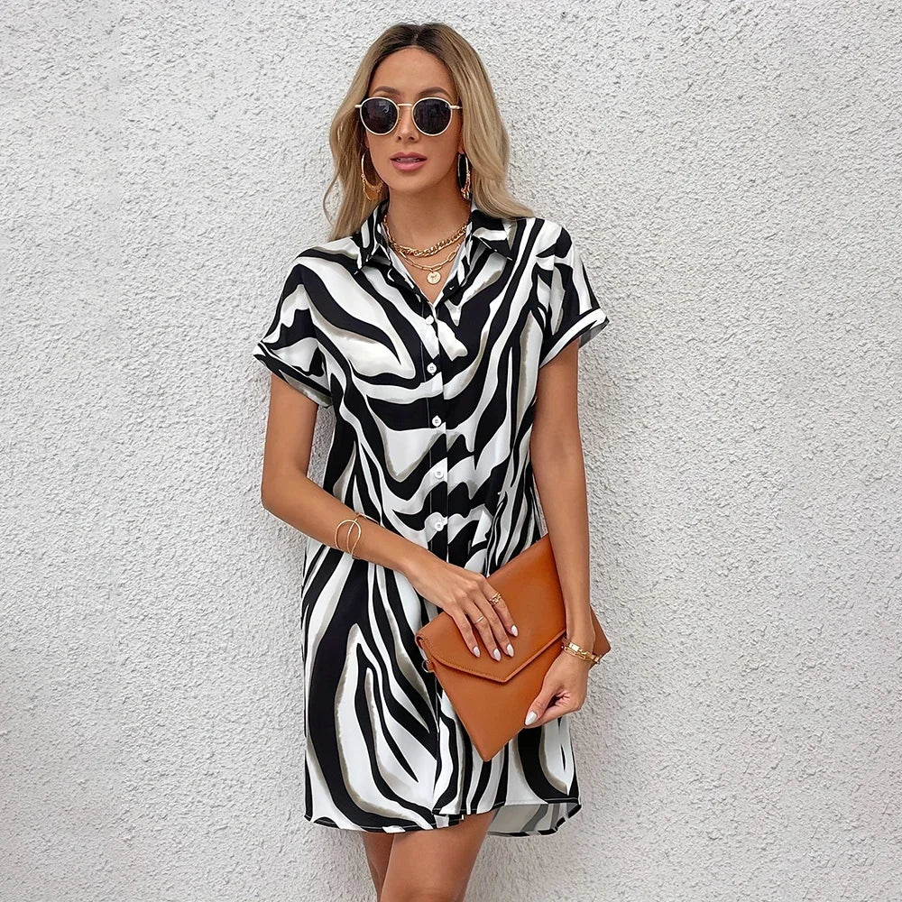 Women's Dress Summer Short Sleeve Button Down Lapel Top Short Pocket Striped Print Fashion Loose Shirt Coat Party Evening Dress