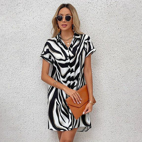 Women's Dress Summer Short Sleeve Button Down Lapel Top Short Pocket Striped Print Fashion Loose Shirt Coat Party Evening Dress
