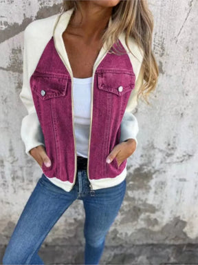 Autumn Winter New Denim Patchwork Jacket Coat For Women'S Casual Fashion Shoulder Rubbing Long Sleeve V Neck Denim Jacket Female